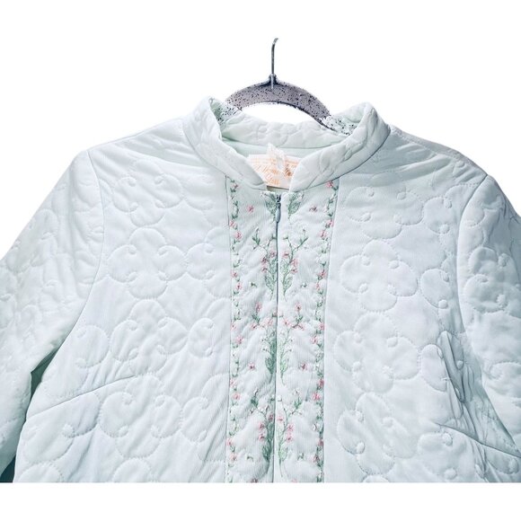 Vtg Sears Pastel Mint Green Quilted Embroidered Long Robe Zipper Pockets READ - Picture 3 of 10